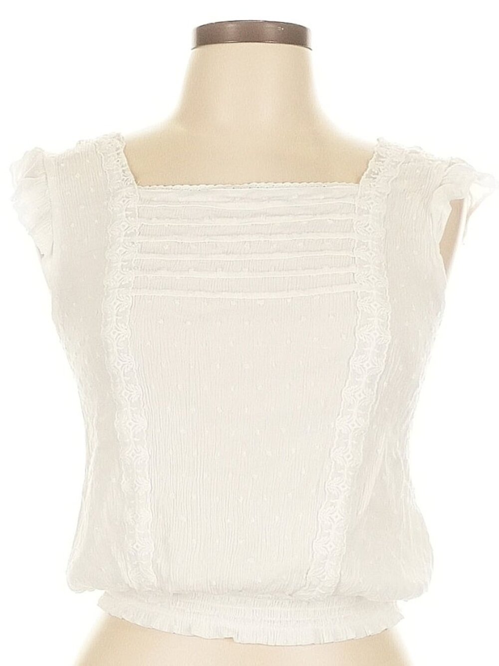 SELF E White Crinkle Swiss Dot Smocked Crop Top L Boho Flutter Sleeve Romantics